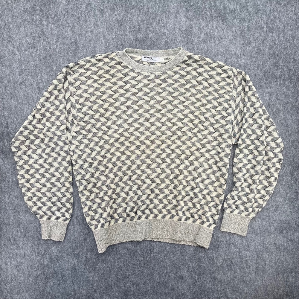 Mondo di Marco Sweater Mens L 52 Geometric Chevron Knit Grey Cream Made in Italy